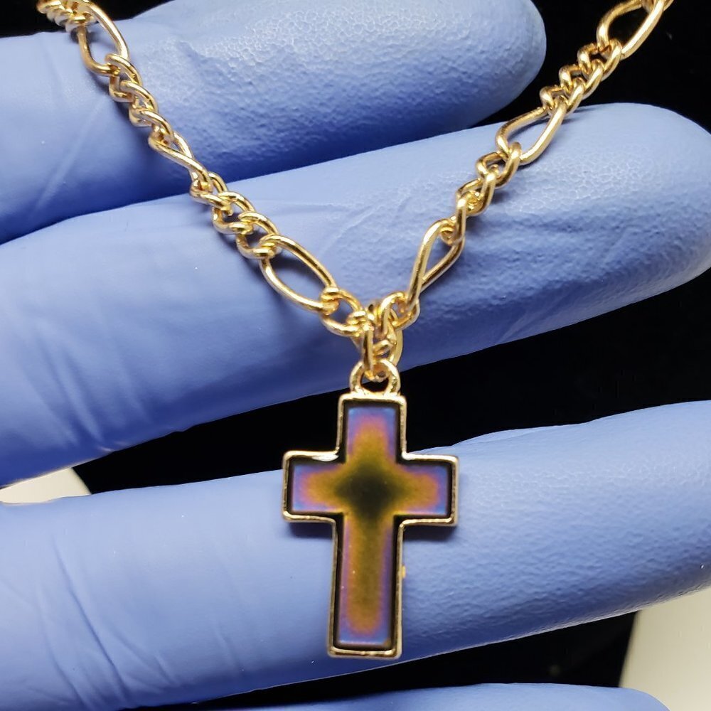Unisex Polished Gold-tone Necklace with color changes Cross Pendant, 18+3-inch